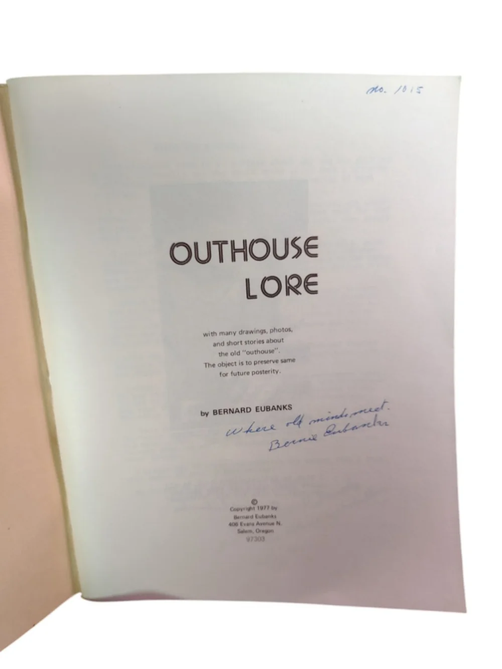 Outhouse Lore SIGNED 1ST ED Book Vintage 1977 Signed Bernard Eubanks Numbered